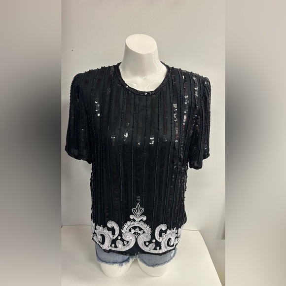 VINTAGE 80s STENAY BLACK SILK SEQUINNED BEADED SHORT SLEEVES TOP IN MEDIUM - Picture 3 of 8